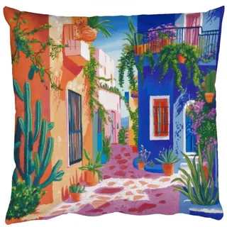 MuchoWow Dekokissen Gelb - Blau - Orange - Haus, Zierkissen mit Kissenfüllung, Deko, Sofakissen, 50x50 cm bunt Quadratisch | 50 cm x 15 cm x 50 cm