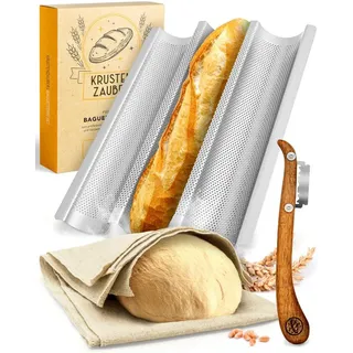 Krustenzauber Brotbackform Baguette Backform Antihaft inkl. Bäckerleinen u. Bäckermesser, (Baguette-Backblech - Ideal als Baguetteblech 3-tlg), Brotbackform, Baguetteform, Baguette Blech, Brot Backen Zubehör