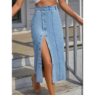 CABULE Langer Jeansrock mit Knopf vorne, Vintage-Stil, Langer Sommer-Jeansrock, für Mädchen, hohe Taille, Schlitzjeans, gerades Maxi-Midi-Kleid-1-M