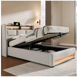Flieks Polsterbett, Baumwolle-Leinen Bezug Stauraumbett mit USB-Anschluss und LED 90x200cm beige 95 cm x 210 cm x 117 cm