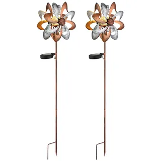 GLOBO LIGHTING LED Solarleuchte 2er Set Gartenstecker Windrad, Höhe 92cm, LED fest integriert, warmweiß, Außergewöhnliche Solar-lampen Garten-leuchten mit Erdspieß Solarlicht braun|silberfarben
