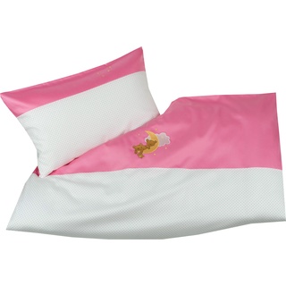 Mako Satin Kinder/Mädchen Bettwäsche Mond Bär 100x135 + 40x60 cm Rosa, 100% Baumwolle mit Bärchen Stickerei
