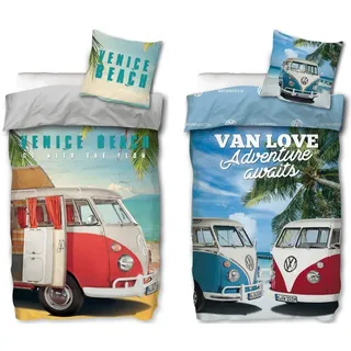 SkyBrands Bettwäsche VW Bulli - 2 x Bettwäsche-Set, Bus T1 Strand Beach, 135x200 & 80x80, Baumwolle, 100% Baumwolle bunt