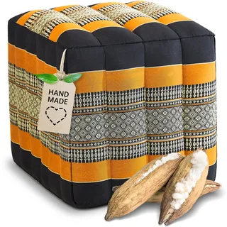 livasia Würfelkissen quadratisch - 40x40x40cm - Sitzhocker mit organischem Kapok, Sitzpouf, Lagerungswürfel viereckig, Bodenkissen Hocker Fußbank Fußhocker handgefertigt (Schwarz/Orange)