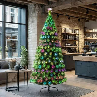 Froadp 210cm LED Weihnachtsbaum Künstlicher Glasfaser Illuminated Tree Dekoratives Grün Baum mit Farbwechsel Beleuchteter für Innen Weihnachten Deko (260 LEDs, Bunt Kiefernnadel)