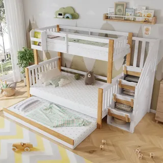 Etagenbett 120x200 Cm Mit Ausziehbett Und Stauraum-treppe Weiß Und Natur