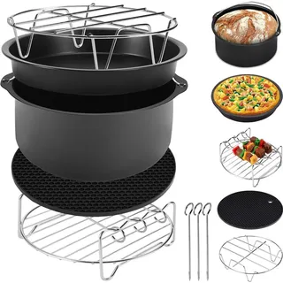 monzana MONZANA® Heißluftfritteuse Zubehör 8tlg. Fritteuse Set inkl. Brotbackkorb 3,6L Pizzapfanne Silikonpfanne Grillrost Spieße
