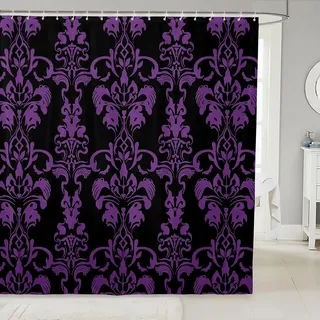 Homemissing Kinder Damask Floral Duschvorhang 170x210cm Exotische Floral Duschvorhang für Jungen Mädchen Teenager Badezimmer Dekor Vintage Jacquard Tief Lila Schwarz Mikrofaser
