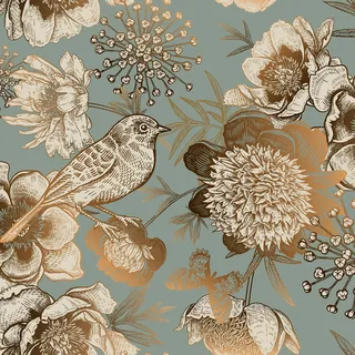 ReWallpaper 44,5CMx12M Selbstklebende Tapete Grün Gold Klebefolie Möbel Muster Türkis Vintage Tapete Selbstklebend Blumen mit Vögel Fototapete Wohnzimmer für wand Badezimmer Wasserfest