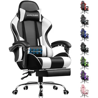 GTPLAYER Bürostuhl Gaming Stuhl Massage Gaming Sessel Ergonomischer Gamer Stuhl mit Fußstütze, Kopfstütze Massage-Lendenkissen, Gepolstert Gami... - Weiß