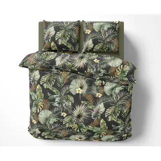 Bettwaesche-mit-Stil Mako Satin Bettwäsche Blätter und Palmen anthrazit (Kissenbezug 40x80 cm)