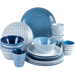 Melamin Camping Geschirr Set für 6 Personen 24 Teile blau weiß Geschirrset