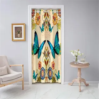 Odot Türvorhang Blickdicht Vorhang Thermo Verdunklungsvorhänge mit Ösen, Schmetterling Frühling Blumen Druck Gardinen Raumteiler Vorhang für Wohnzimmer Schlafzimmer Schrank (80x150cm,Retro)