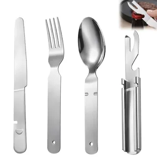 ikBrtaiay Bundeswehr Edelstahl Besteck 4-Teilig, Camping Besteckset 1 Person, Klassisches Reisebesteck Campingbesteck 1 person Outdoor Besteck Set Geeignet für Outdoor Camping Reisen