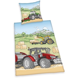 Herding Young Collection Bettwäsche-Set, Traktor-Wendemotiv, Kopfkissenbezug 80 x 80 cm, Bettbezug 135 x 200 cm mit Knopfverschluss, Baumwolle/Flanell