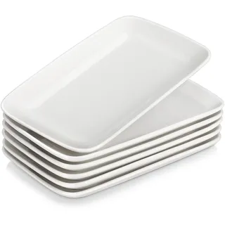 MALACASA Servierplatte Porzellan, Serviertablett 6-teiliges Set, Rechteckig Servierplatte für Buffets, Sushi, Kuchen, Vorspeisen zu Hause/im Restaurant, 25 x 14 cm Weiß