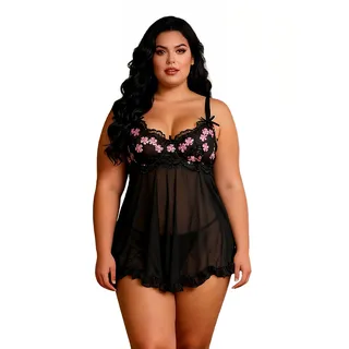 sunshinelady Nachthemd Damen Ärmellos Sexy Dessous mit Bügel Mesh Babydoll | Große Größen Negligee Kurz Spitze Unterkleid Rückenfrei Babydoll mit Tanga Nachtwäsche Sommer Reizwäsche Curvy schwarz M