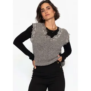 SASSYCLASSY Stricktop Ärmelloses Top aus Bouclé für Damen in offwhite Locker geschnittener Damentop mit Spitze und V-Ausschnitt braun S