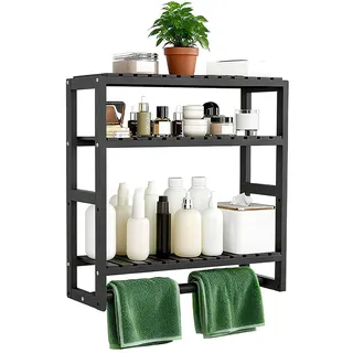 Zuxbolf Badezimmer Regal 3 Ebenen Standregal 43x42x15cm Bambus Schwarz | Schmales Badregal Hängend & Stehend, Wandregal Holzregal, Platzsparend für Bad Küche, 15cm Tief, Organizer