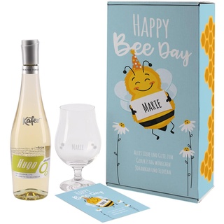 Herz & Heim® Geschenkset Happy Bee Day mit Käfer Hugo alkoholfrei, Geschenkbox, Cocktailglas und Postkarte