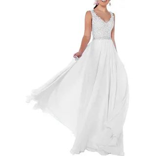 Beyonddress Damen Chiffon Abendkleider Lang Hochzeit V-Ausschnitt Brautkleid Ballkleider Brautjungfern Kleider(Weiß,34) - 34