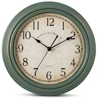 Bernhard Products Vintage-Wanduhr, leise, Nicht tickend, 30,5 cm, hochwertiger Quarz, batteriebetrieben, dekorativ, rustikal, grüne Uhr für Zuhause, Küche, Wohnzimmer, Esszimmer, Büro, Dekoration