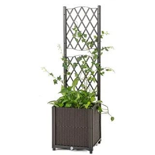 RELAX4LIFE Blumenkasten mit Rankgitter, Rankgitter mit Rattanoptik Pflanzkasten, Pflanzkübel mit Spalier, Hochbeet mit Rankhilfe, Spalier mit Blumentopf für Garten (Kaffee, 40 x 40 x 140 cm)