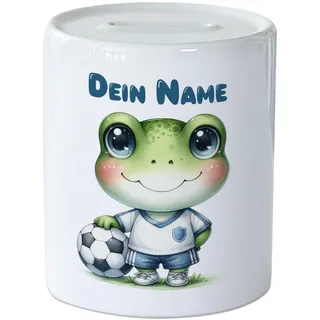 GRAZDesign Personalisierte Spardose mit Namen Fußball Tier Frosch für Kinder Keramik Sparschwein Wieder verschließbar