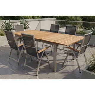 STERN Cardiff Garten-Essgruppe, silber/silbergrau, Edelstahl/Teak, Tisch 180/240 x 100 cm, 6 Klappstühle, FSC®-zertifiziertes Produkt