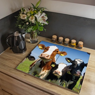 banjado® Herdabdeckplatte Glas 2-teilig je 30x52 cm/Schneidebrett Herdabdeckung mit Motiv Kühe/Herdabdeckplatten Ceranfeld 2teilig / Schneidebrett Glas individuell einsetzbar