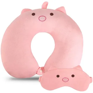 RAILONCH Reisekissen Kinder Nackenkissen,U-Geformte Nackenstützkissen, Niedliche Nackenhörnchen Kopfstütze, Baby Reise Schlafkissen mit Augenabdeckung (Rosa)