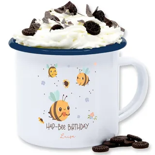 Emaille Tasse Blechtasse - Geburtstag bedruckt - Hap-Bee Birthday Bienen mit Name - personalisiertes Geburtstagsgeschenk Deko - 300 ml - Weiß Blau - zum happy