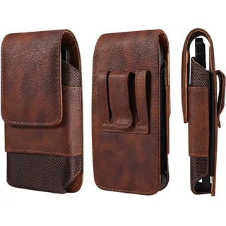 Vertikal Gürteltasche Handy Braun, Herrentasche Kleine Handytasche mit Kartenhalterung Gürtelclip Ledertasche Hüfttasche Bauchtasche Handyhülle mit Portemonnaie Gürtelschlaufe für Wandern Reisen Sport