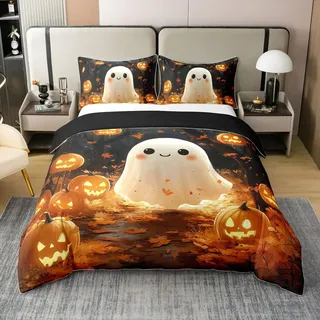 Halloween 100% Baumwolle Bettbezug 135x200,Niedliche Geist Kürbis Schlafzimmer Dekor Tröster Abdeckung,Gruselige Kawaii Kinder Teens Bettwäsche Set für Bett,Weiß Orange Cartoon Woodland Bettbezug