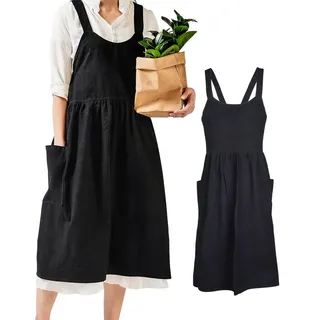 Schürze im japanischen Stil für Damen, aus Baumwolle und Leinen – mit großer Tasche und Überkreuz-Bindung