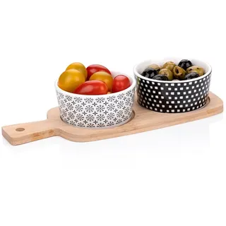 Murago - Tapas Snackplatte 3-tlg Set - Bambusteller mit Griff Keramik Snack Schalen Teller Platte Brett Snackteller Serviertablett Schälchen Gastro Servierschale Dips Vorspeisen Oliven Candy Nüsse