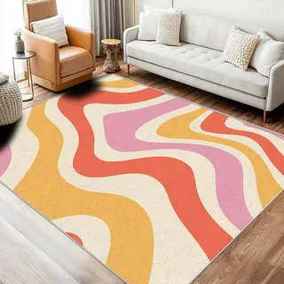 Generisch 70er Teppich 100 x 150 cm Wohnzimmer Mit Retro Vintage Abstrakt Textured Rosa Gelb Muster, 70er Bettvorleger Schlafzimmer Deko, Waschbar Teppiche Gegend Kurzflor rutschfest