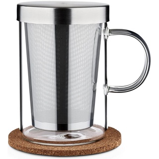 Cosumy Teeglas mit Henkel - Teetasse mit Sieb und Deckel - 400ml Borosilikat Glas, Glas, Zubereiter inkl. Untersetzer - Geschenk Tasse - Feinmaschiger Filter weiß