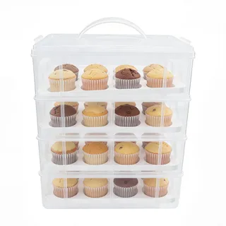4 Ebenen Cupcake Transportbox Tragbar Tortenbehälterm Kuchenbehälter | Mehrzweck Aufbewahrungsbox Plätzchen Box, Jede Etage kann Zerlegt, für Aufbewahrung 48 Cupcakes