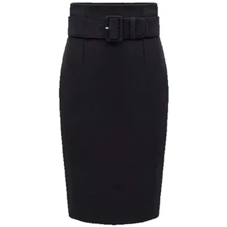 Damen Wollmischung Midi Bleistiftrock Bodycon Knielanger Rock mit Gürtel Schwarz L - L