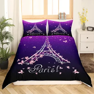 Eiffelturm Bettbezug für Kinder Lila Verlaufs Bettwäsche Set Frauen Rosa Schmetterling Druck Tröster Abdeckung Romantisches Thema Bettwäsche Blau und Lila Sternenhimmel Schlafzimmer Dekor 135x200