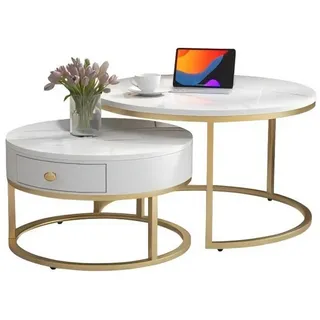Odikalo Couchtisch Beistelltisch Teetisch Kaffeetisch Nesting Marmor 2 Rund Weiss/Schwarz weiß