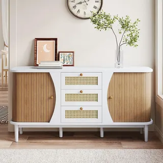 Sideboard 140,5 X 40 X 76 Cm – Schiebetüren Aus Rattan – Verstellbare Einlegeböden, Gewölbte Ablage – Weiß Und Holz