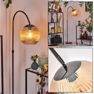 hofstein Bogenlampe Stehlampe Metall/Riffelglas in Schwarz/Chrom/Bernstein im Retro-Design, verstellbare Stehleuchte mit Glasschirmen (25cm) u. Fußschalter, E27 schwarz