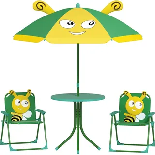 aiyaplay 4er Set Kindersitzgruppe Garten Kindersitzgarnitur mit 2 Klappstühle, höhenverstellbarem Sonnenschirm, Gartentisch, Bienen-Muster für 2... - Grün