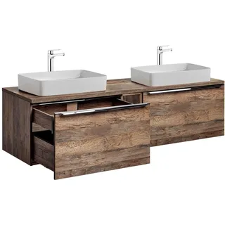 Lomadox Badezimmermöbel Doppel Waschtisch Unterschrank Set 160cm, Vintage Oak Eiche, 2 Keramik-Aufsatz Waschbecken, 4 Softclose-Schubkästen