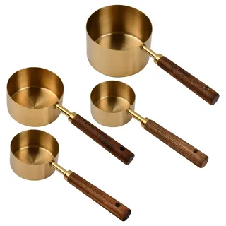 Messlöffel Kupfer, 4 Stück Messbecher und Löffel Set, Kaffee Messbecher mit Holzgriff für Kochen, Backen, Getränke 60ml 80ml 125ml 250ml (Gold)