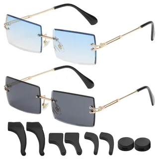 KEORHEZ 2 Paar Retro Sonnenbrille Herren Randlose Rechteckige Sonnenbrillen UV-Schutz Retro-Stil Rahmenlos Farbverlauf Unisex (Blau + Schwarz)