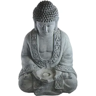 Buddha Statue  Gartenfigur groß meditierend sitzend Magnesia grau 48.5 cm