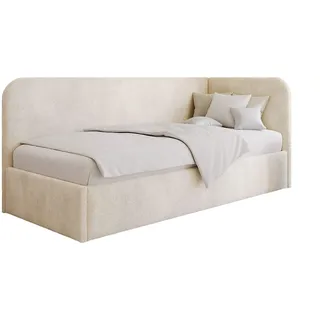 Polsterbett 90x200 cm, Stauraum, Kopfteil, Matratze, Hellbeige, Rechts | Jugendbett mit und Gasdruckfedern, Gepolstertes Bett mit Kopfteil, modernes Design, Mario-Kollektion